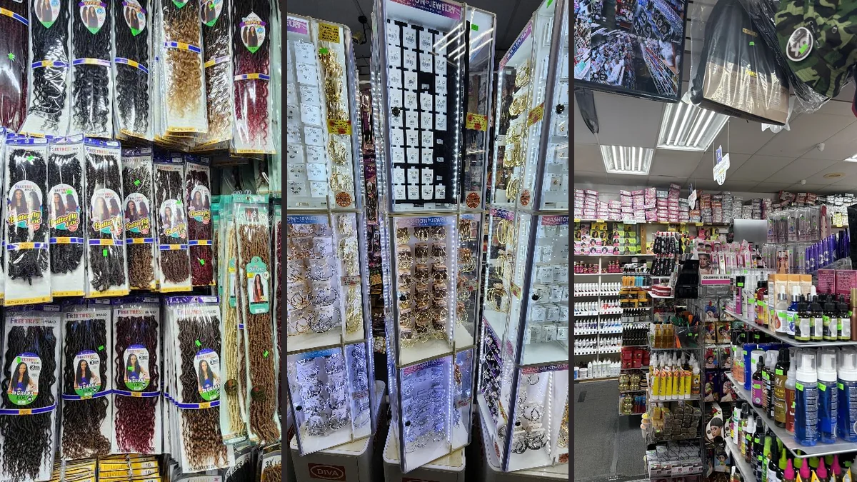 Beauty supply shelves lined with wigs and braid hair.