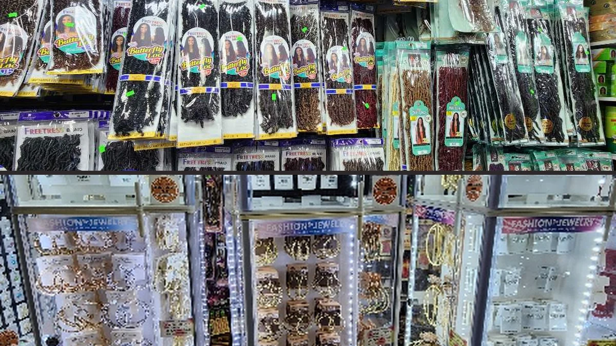 Beauty supply shelves lined with wigs and braid hair.